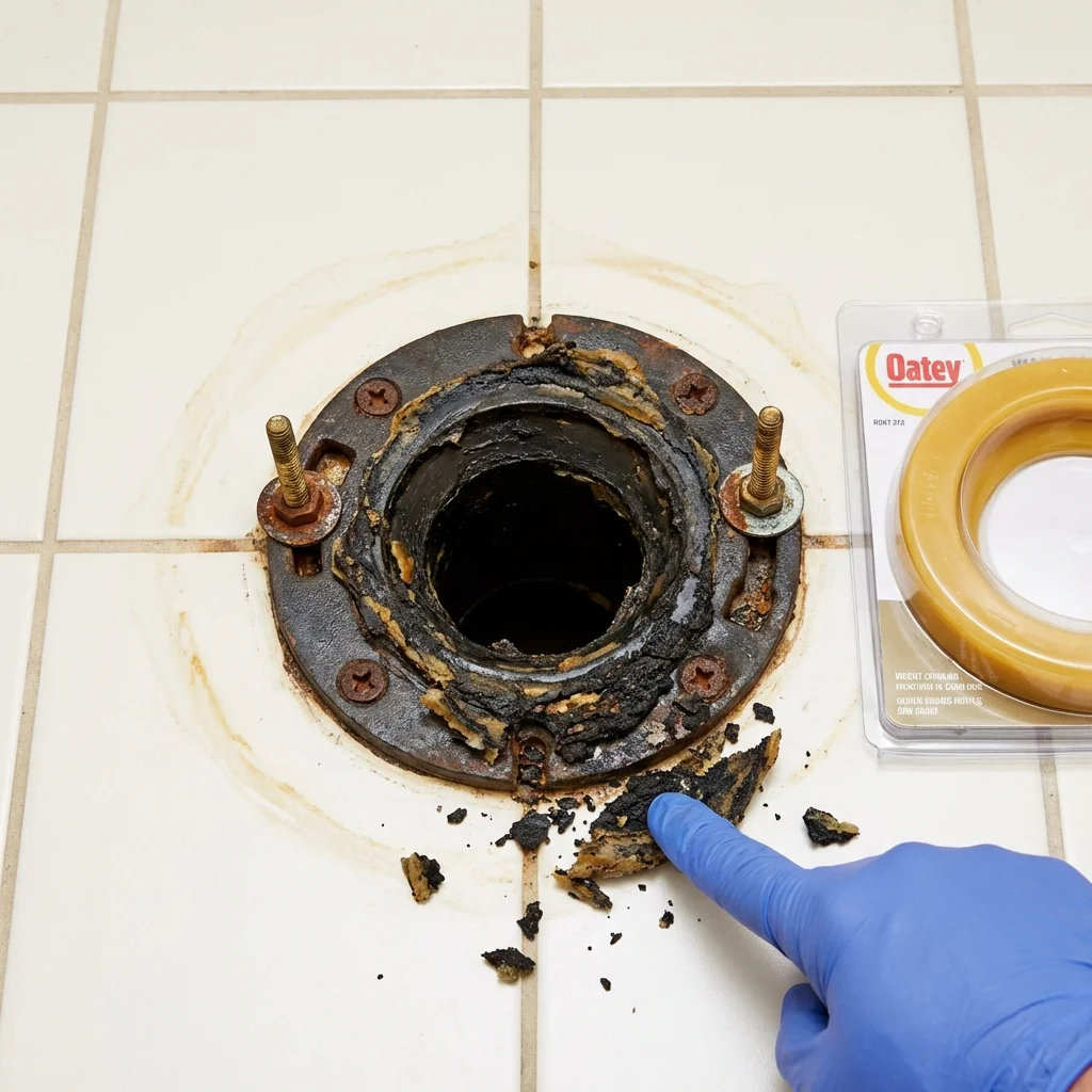 Failed wax ring showing water seepage at the base of a toilet in a Brackettville, TX home